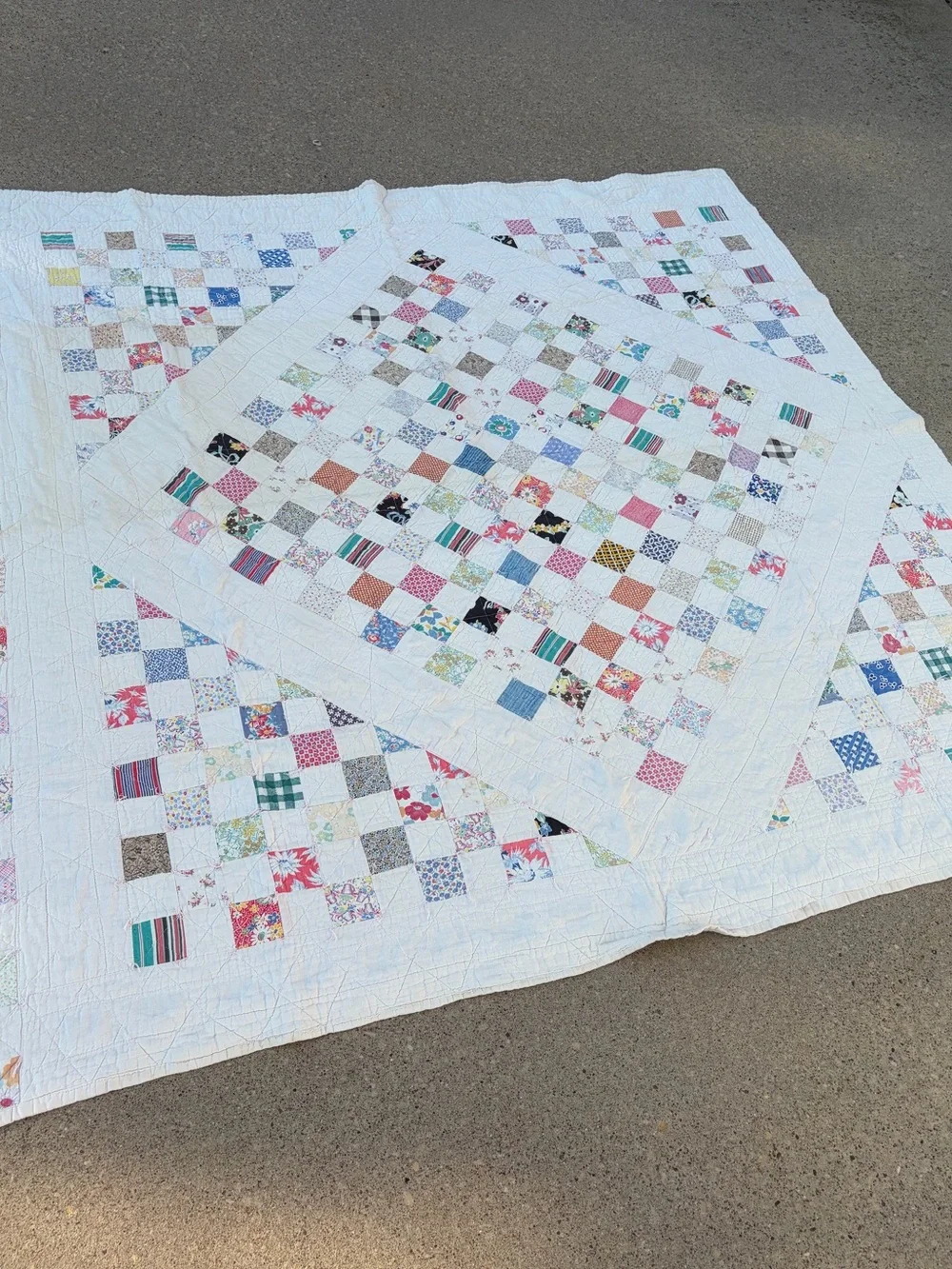 Vintage 1920-1940s checkerboard Irish quilt patchwork diamond feed sack blanket